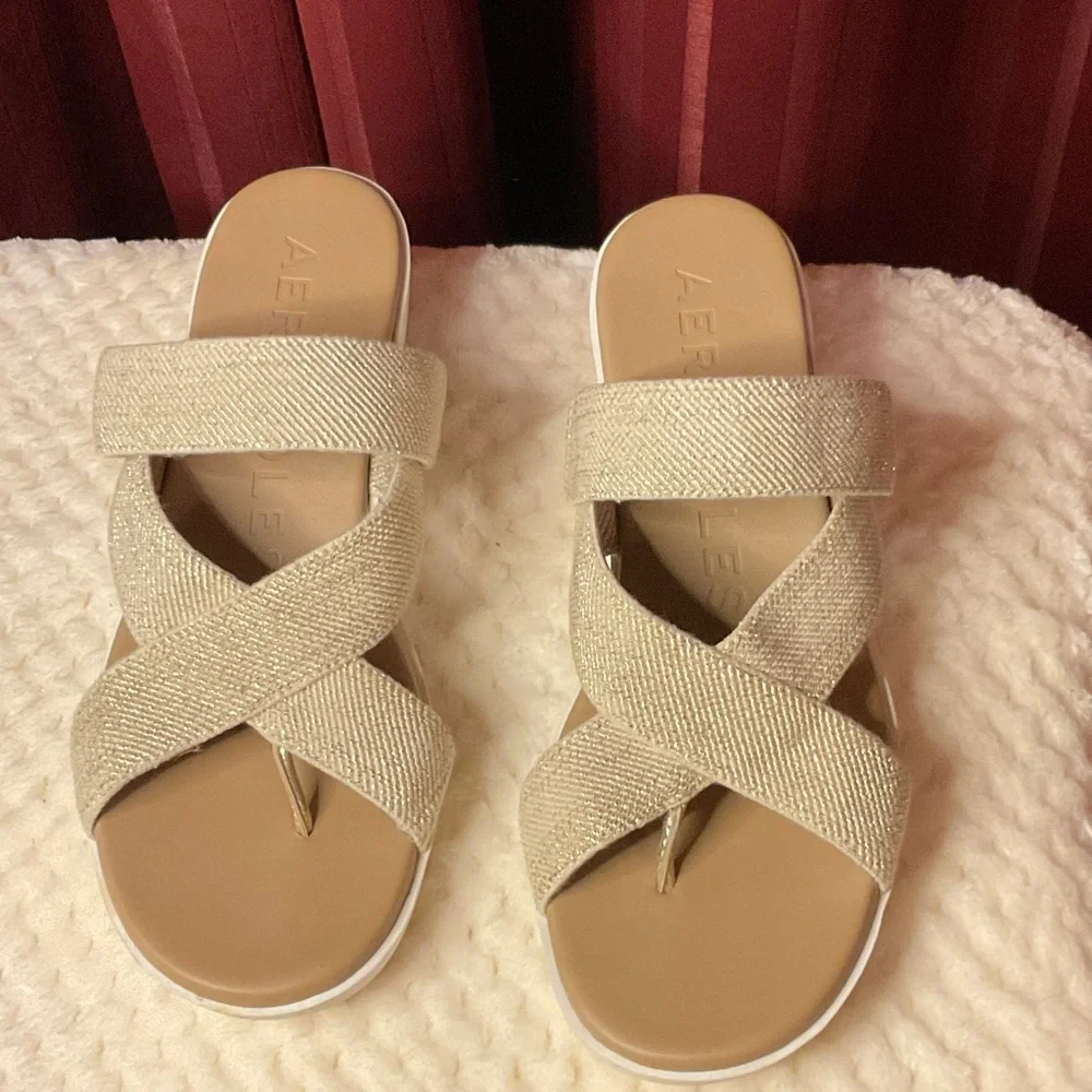 AEROSOLES Sparkle Crisscross Beige Slide Sandals sz 8.5